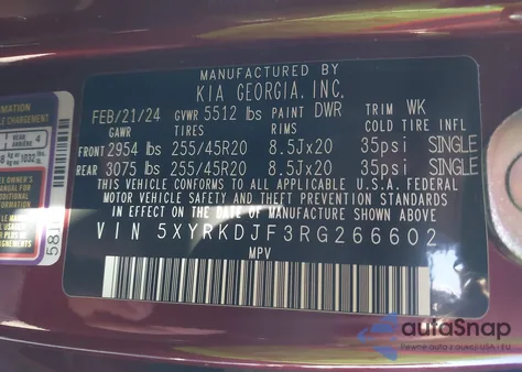 2024 Kia Sorento X-Line Sx from USA, damaged, VIN 5XYRKDJF3RG266602